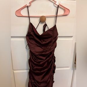 •Windsor Maroon Satin Backless Rutched Dress•🤎